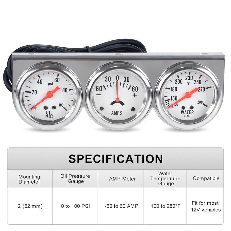 ANDO RACING 2" 52 mm 3 in 1 Car Meter Triple Gauge Kit Oil Pressure Gauge AMP Meter Water Temperature Gauge AMP Set White Face 12V Car Meter - Image 2